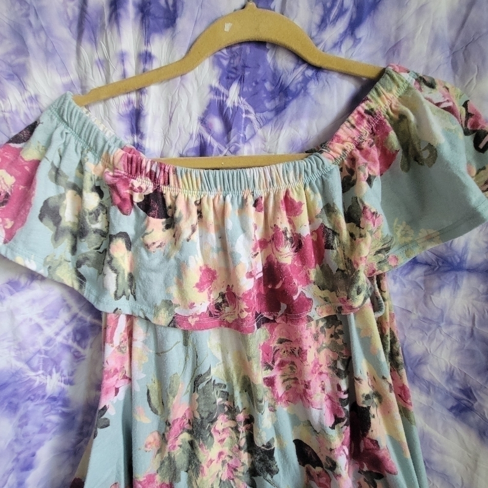 Mts Women's Scrunch Off The Shoulder Floral Blue Mini Dress Size Large - Picture 3 of 9
